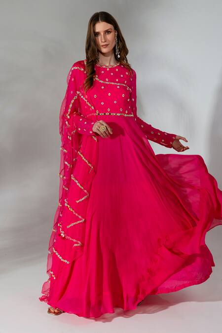 Buy_Neha Khullar_Fuchsia Georgette, Organza, Crepe Mirrorwork Embellished Anarkali With Dupatta _Online_at_Aza_Fashions