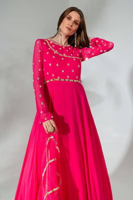 Shop_Neha Khullar_Fuchsia Georgette, Organza, Crepe Mirrorwork Embellished Anarkali With Dupatta _Online_at_Aza_Fashions