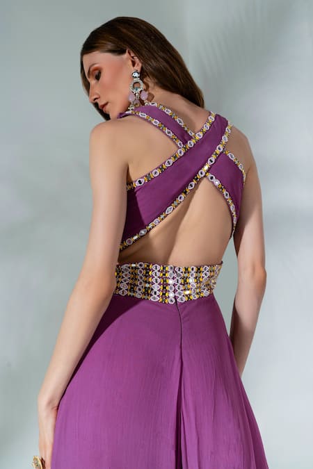 Shop Neha Khullar Purple Georgette, Crepe Cut Work, Mirrors Cutdana Embellished Bodice Jumpsuit at Aza Fashions Shop_Neha Khullar_Purple Georgette, Crepe Cut Work, Mirrors Cutdana Embellished Bodice Jumpsuit _at_Aza_Fashions