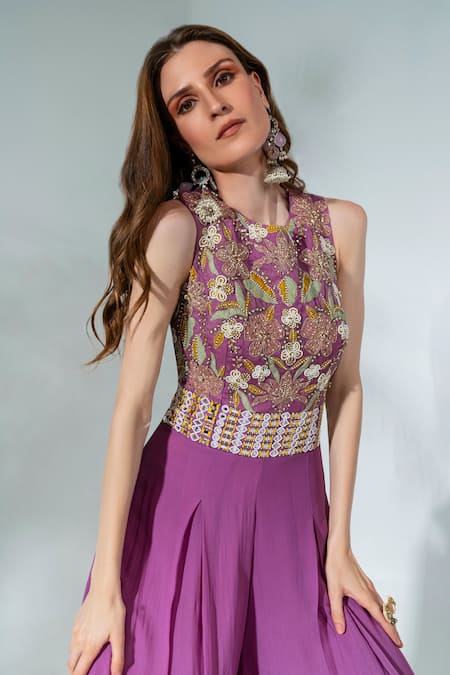 Neha Khullar Purple Georgette, Crepe Cut Work, Mirrors Cutdana Embellished Bodice Jumpsuit Online at Aza Fashions Neha Khullar_Purple Georgette, Crepe Cut Work, Mirrors Cutdana Embellished Bodice Jumpsuit _Online_at_Aza_Fashions