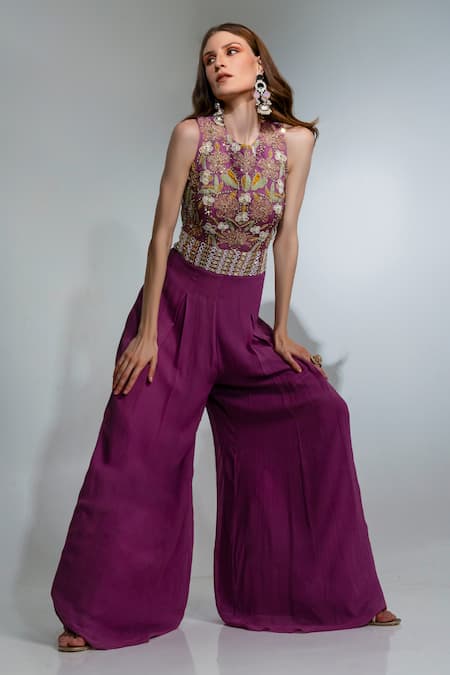 Buy Neha Khullar Purple Georgette, Crepe Cut Work, Mirrors Cutdana Embellished Bodice Jumpsuit Online at Aza Fashions Buy_Neha Khullar_Purple Georgette, Crepe Cut Work, Mirrors Cutdana Embellished Bodice Jumpsuit _Online_at_Aza_Fashions