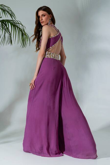 Shop Neha Khullar Purple Georgette, Crepe Cut Work, Mirrors Cutdana Embellished Bodice Jumpsuit Online at Aza Fashions Shop_Neha Khullar_Purple Georgette, Crepe Cut Work, Mirrors Cutdana Embellished Bodice Jumpsuit _Online_at_Aza_Fashions