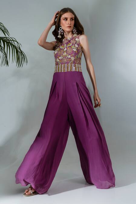 Neha Khullar Purple Georgette, Crepe Cut Work, Mirrors Cutdana Embellished Bodice Jumpsuit at Aza Fashions Neha Khullar_Purple Georgette, Crepe Cut Work, Mirrors Cutdana Embellished Bodice Jumpsuit _at_Aza_Fashions