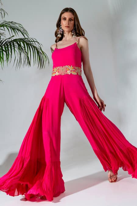 Neha Khullar Fuchsia Georgette Embroidered Floral Round Placement Jumpsuit 