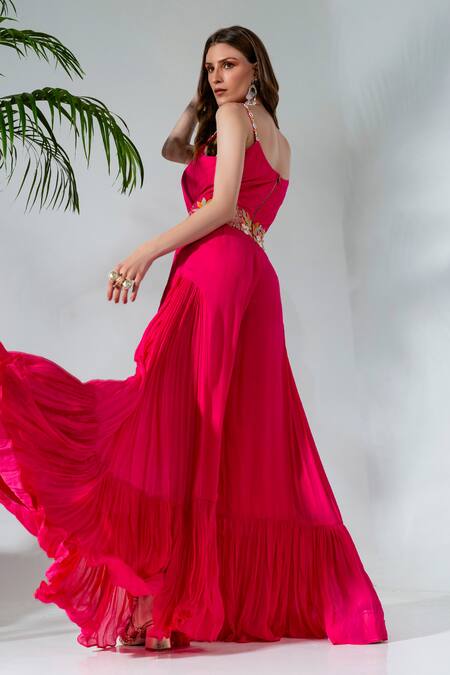 Shop Neha Khullar Fuchsia Georgette, Crepe Cut Work, Mirrors Floral Embroidered Placement Jumpsuit at Aza Fashions Shop_Neha Khullar_Fuchsia Georgette, Crepe Cut Work, Mirrors Floral Embroidered Placement Jumpsuit _at_Aza_Fashions