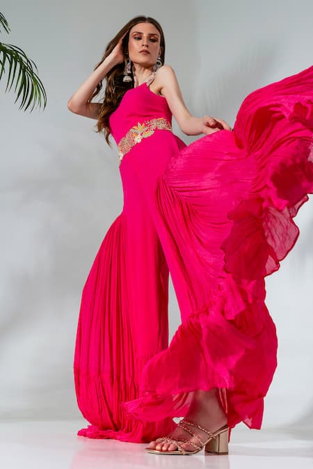 Neha Khullar Fuchsia Georgette, Crepe Cut Work, Mirrors Floral Embroidered Placement Jumpsuit Online at Aza Fashions Neha Khullar_Fuchsia Georgette, Crepe Cut Work, Mirrors Floral Embroidered Placement Jumpsuit _Online_at_Aza_Fashions
