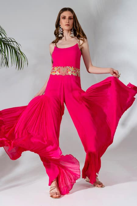 Buy Neha Khullar Fuchsia Georgette, Crepe Cut Work, Mirrors Floral Embroidered Placement Jumpsuit Online at Aza Fashions Buy_Neha Khullar_Fuchsia Georgette, Crepe Cut Work, Mirrors Floral Embroidered Placement Jumpsuit _Online_at_Aza_Fashions