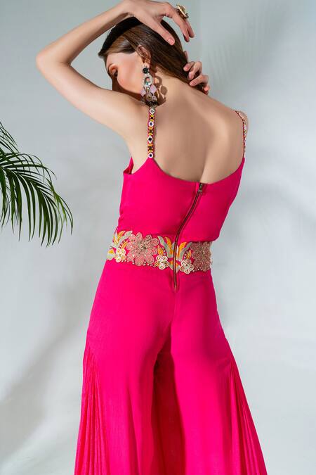 Shop Neha Khullar Fuchsia Georgette, Crepe Cut Work, Mirrors Floral Embroidered Placement Jumpsuit Online at Aza Fashions Shop_Neha Khullar_Fuchsia Georgette, Crepe Cut Work, Mirrors Floral Embroidered Placement Jumpsuit _Online_at_Aza_Fashions
