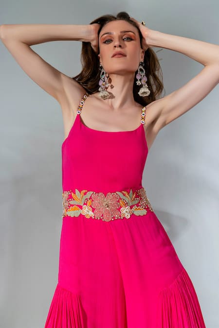 Neha Khullar Fuchsia Georgette, Crepe Cut Work, Mirrors Floral Embroidered Placement Jumpsuit at Aza Fashions Neha Khullar_Fuchsia Georgette, Crepe Cut Work, Mirrors Floral Embroidered Placement Jumpsuit _at_Aza_Fashions