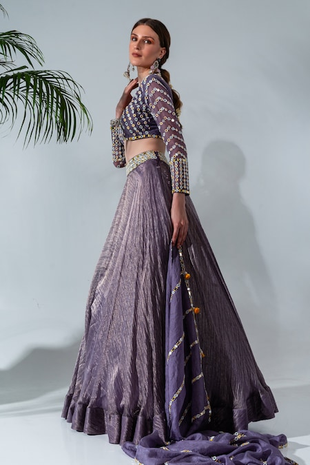 Purple Tissue Silk Mirrorwork Blouse Lehenga Set – nehakhullar