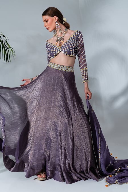 Buy_Neha Khullar_Purple Tissue, Silk, Organza, Net Embroidery, Mirrorwork Blouse Lehenga Set _Online_at_Aza_Fashions