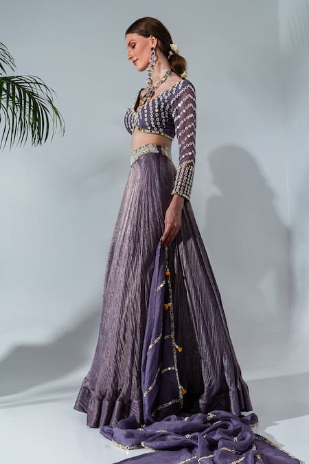 Shop_Neha Khullar_Purple Tissue, Silk, Organza, Net Embroidery, Mirrorwork Blouse Lehenga Set _Online_at_Aza_Fashions