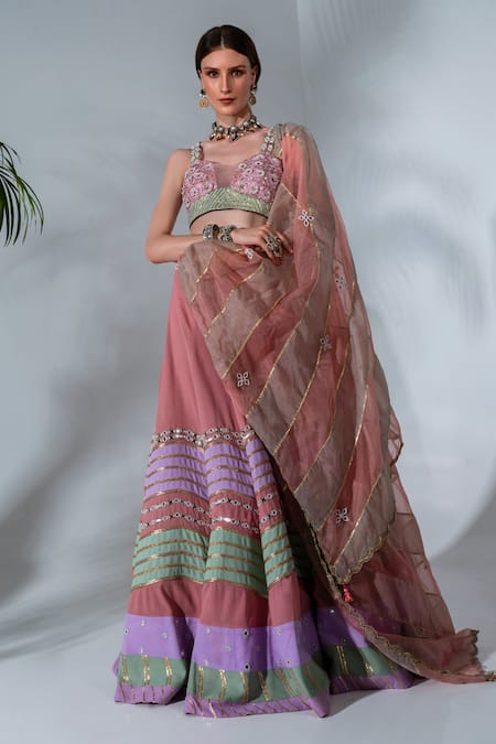 Neha Khullar Pink Georgette Embroidered Floral V Neck Gota Work Panelled Lehenga Set 