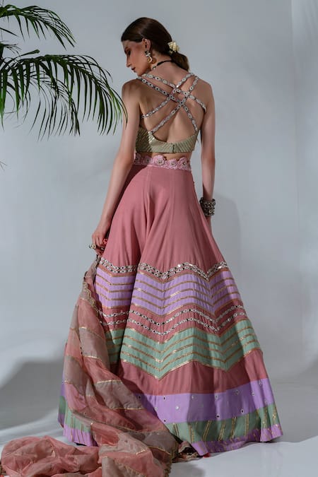 Neha Khullar_Pink Georgette, Organza, Crepe Cut Work, Mirrors, Embroidery Gota Lehenga Set For Kids_Online_at_Aza_Fashions