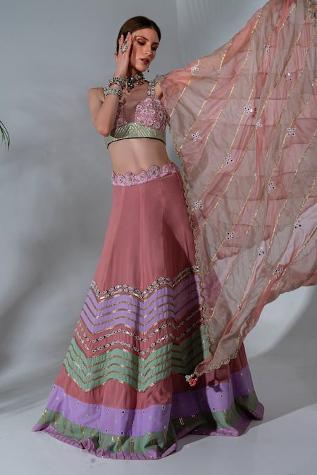 Buy_Neha Khullar_Pink Georgette, Organza, Crepe Cut Work, Mirrors, Embroidery Gota Lehenga Set For Kids_Online_at_Aza_Fashions