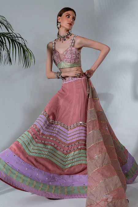 Shop_Neha Khullar_Pink Georgette, Organza, Crepe Cut Work, Mirrors, Embroidery Gota Lehenga Set For Kids_Online_at_Aza_Fashions