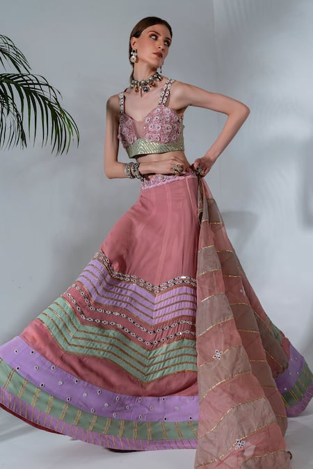 Neha Khullar_Pink Georgette, Organza, Crepe Cut Work, Mirrors, Embroidery Gota Lehenga Set For Kids_at_Aza_Fashions
