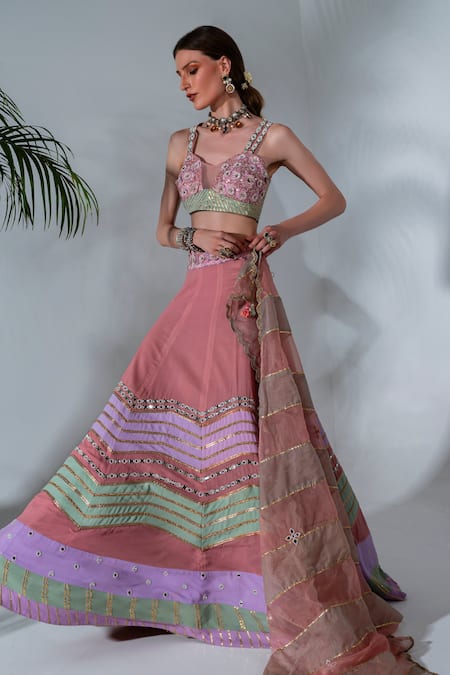 Buy_Neha Khullar_Pink Georgette, Organza, Crepe Cut Work, Mirrors, Embroidery Gota Lehenga Set For Kids