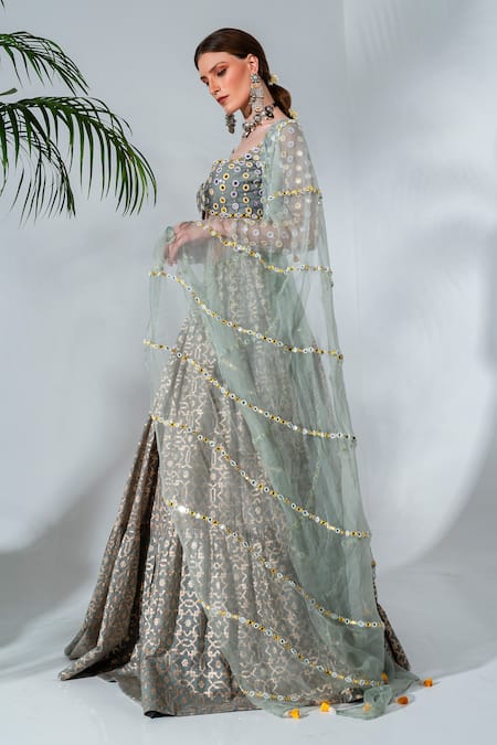 Shop_Neha Khullar_Green Organza, Net, Chanderi Silk Cut Work, Geometric Pattern Lehenga Set _Online_at_Aza_Fashions