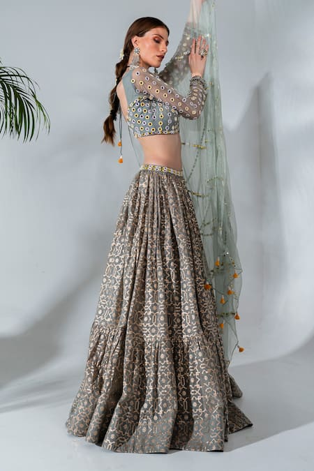 Neha Khullar_Green Organza, Net, Chanderi Silk Cut Work, Geometric Pattern Lehenga Set _at_Aza_Fashions