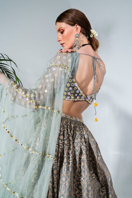 Buy_Neha Khullar_Green Organza, Net, Chanderi Silk Cut Work, Geometric Pattern Lehenga Set 