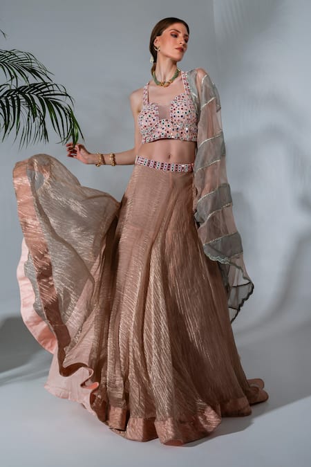 Neha Khullar_Pink Tissue, Silk, Crepe, Organza Mirrorwork Embellished Blouse Lehenga Set _Online_at_Aza_Fashions