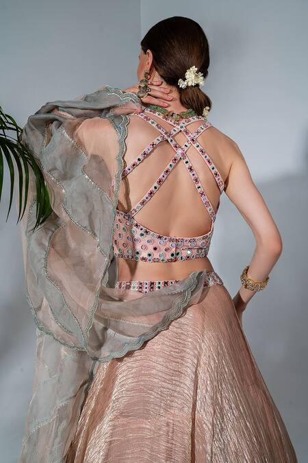 Neha Khullar_Pink Tissue, Silk, Crepe, Organza Mirrorwork Embellished Blouse Lehenga Set _at_Aza_Fashions