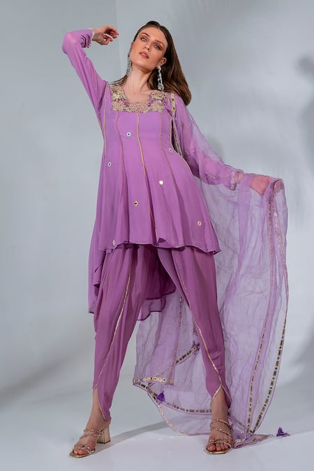 Neha Khullar_Purple Georgette, Organza, Panelled Mirrorwork Short Anarkali Tulip Pant Set _Online_at_Aza_Fashions