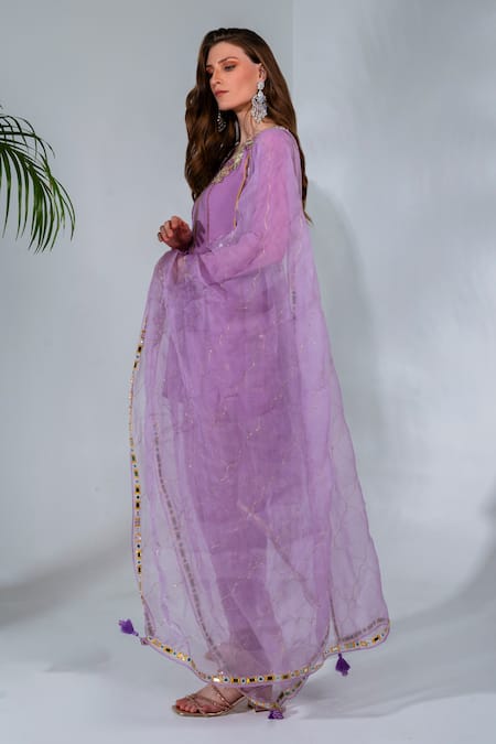 Neha Khullar_Purple Georgette, Organza, Panelled Mirrorwork Short Anarkali Tulip Pant Set _at_Aza_Fashions