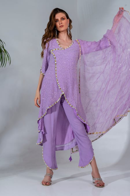 Neha Khullar Purple Georgette, Organza Gota Patti, Mirrors, Overlap Embroidered Kurta Set 