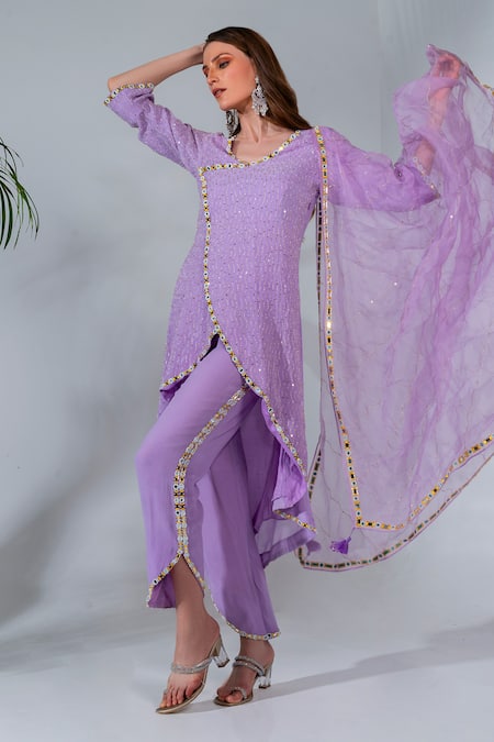 Neha Khullar_Purple Georgette, Organza Gota Patti, Mirrors, Overlap Embroidered Kurta Set _Online_at_Aza_Fashions
