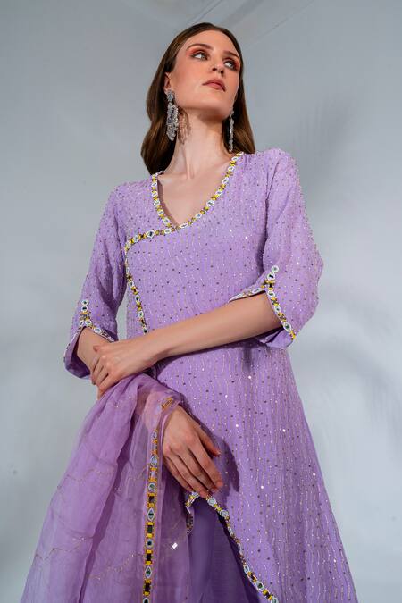 Buy_Neha Khullar_Purple Georgette, Organza Gota Patti, Mirrors, Overlap Embroidered Kurta Set _Online_at_Aza_Fashions
