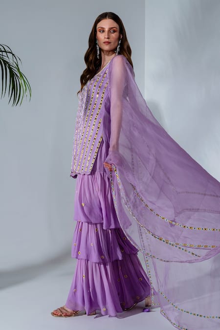 Neha Khullar_Purple Georgette, Organza Sequins, Mirrors, Pearls, Lilac Kurta And Sharara Set For Kids_Online_at_Aza_Fashions