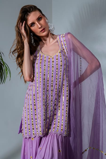 Shop_Neha Khullar_Purple Georgette, Organza Sequins, Mirrors, Pearls, Lilac Kurta And Sharara Set For Kids_Online_at_Aza_Fashions