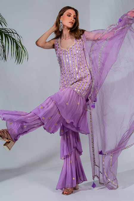 Neha Khullar_Purple Georgette, Organza Sequins, Mirrors, Pearls, Lilac Kurta And Sharara Set For Kids_at_Aza_Fashions