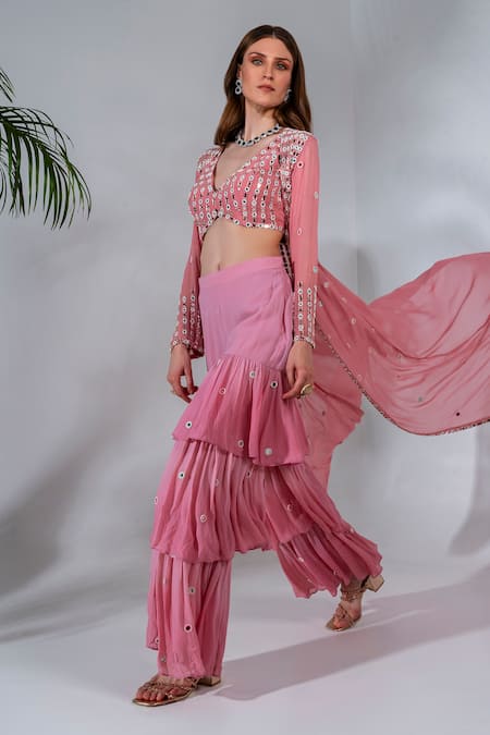 Neha Khullar_Pink Georgette Mirrors, Embroidery V-, Open Jacket And Gharara Set _Online_at_Aza_Fashions