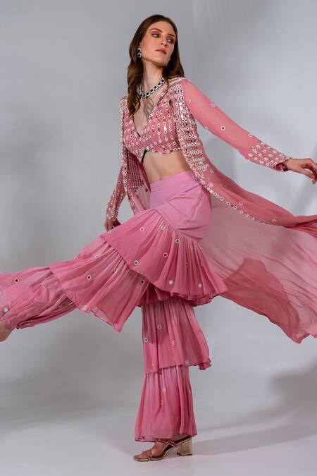 Buy_Neha Khullar_Pink Georgette Mirrors, Embroidery V-, Open Jacket And Gharara Set _Online_at_Aza_Fashions