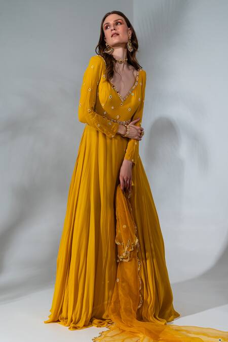 Buy_Neha Khullar_Yellow Georgette, Organza Pearls, Gota Patti, Embroidered Anarkali With Dupatta _Online_at_Aza_Fashions