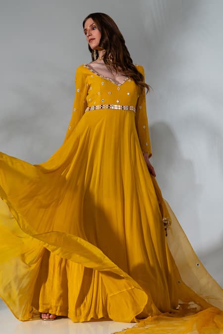 Shop_Neha Khullar_Yellow Georgette, Organza Pearls, Gota Patti, Embroidered Anarkali With Dupatta _Online_at_Aza_Fashions