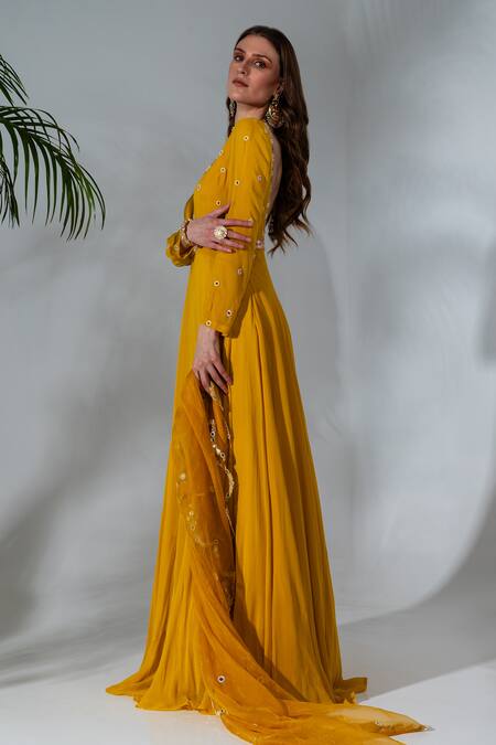 Neha Khullar_Yellow Georgette, Organza Pearls, Gota Patti, Embroidered Anarkali With Dupatta _at_Aza_Fashions