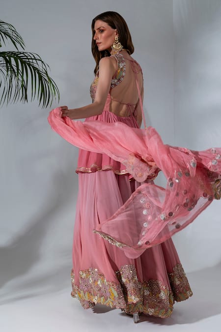 Neha Khullar_Pink Georgette, Organza Mirrors, Sequins, Embellished Kurta Gharara Set _Online_at_Aza_Fashions