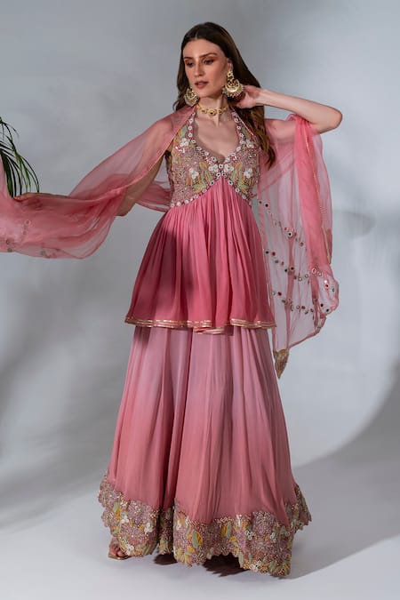 Buy_Neha Khullar_Pink Georgette, Organza Mirrors, Sequins, Embellished Kurta Gharara Set _Online_at_Aza_Fashions