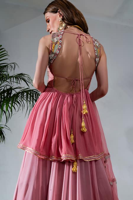 Neha Khullar_Pink Georgette, Organza Mirrors, Sequins, Embellished Kurta Gharara Set _at_Aza_Fashions