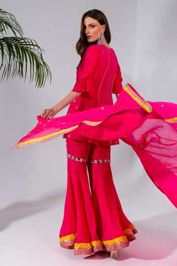 Neha Khullar_Fuchsia Georgette, Organza Mirrors, Sequins, Embroidery, Kurta And Gharara Set _Online_at_Aza_Fashions
