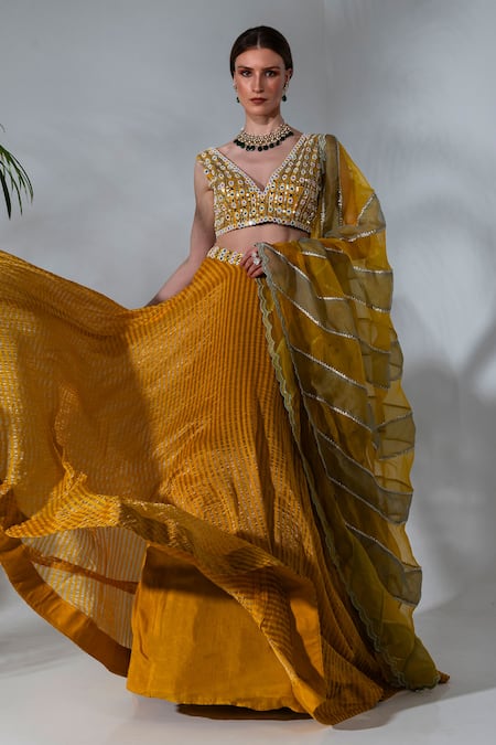 Neha Khullar_Yellow Tissue, Silk, Organza, Net Pearls, Mirrors, Embellished Lehenga Set _Online_at_Aza_Fashions
