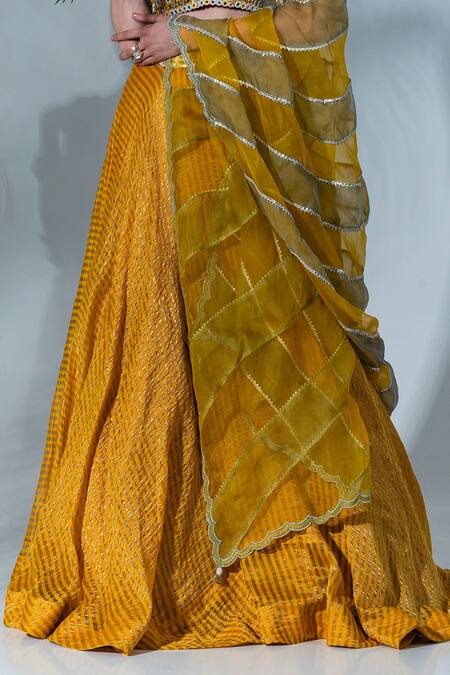 Buy_Neha Khullar_Yellow Tissue, Silk, Organza, Net Pearls, Mirrors, Embellished Lehenga Set _Online_at_Aza_Fashions