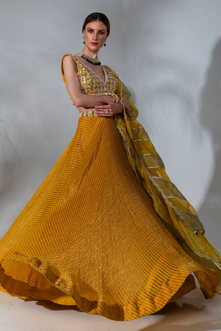 Shop_Neha Khullar_Yellow Tissue, Silk, Organza, Net Pearls, Mirrors, Embellished Lehenga Set _Online_at_Aza_Fashions