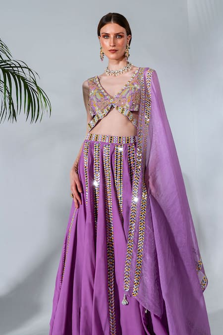 Neha Khullar_Purple Georgette, Organza Mirrors, Pearls, Embellished Panelled Lehenga Set _Online_at_Aza_Fashions