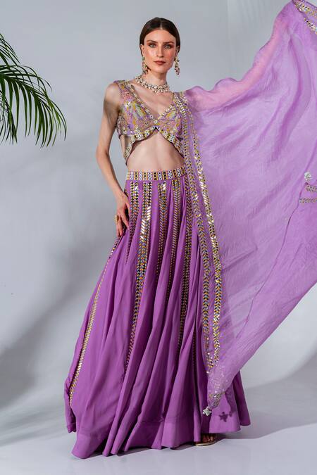 Buy_Neha Khullar_Purple Georgette, Organza Mirrors, Pearls, Embellished Panelled Lehenga Set _Online_at_Aza_Fashions