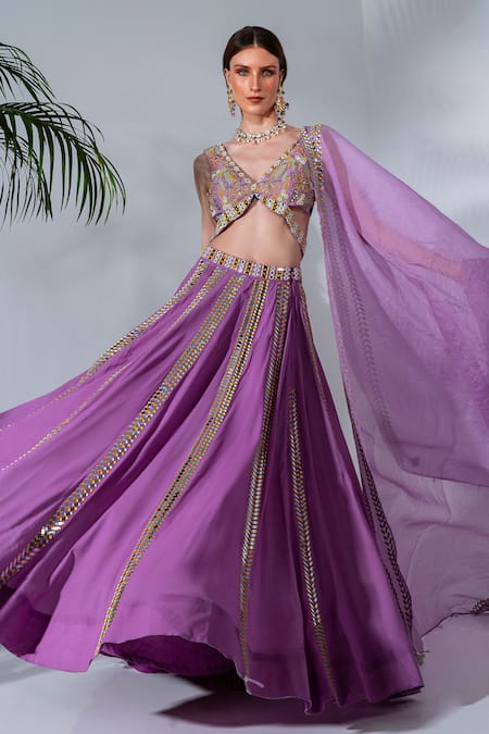 Neha Khullar_Purple Georgette, Organza Mirrors, Pearls, Embellished Panelled Lehenga Set _at_Aza_Fashions